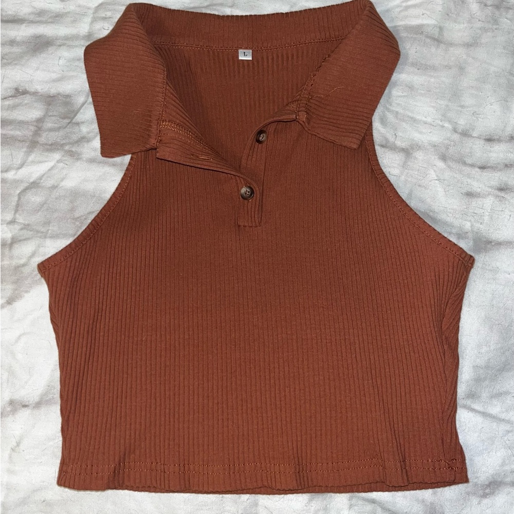 Brown Sleeveless Collared Top